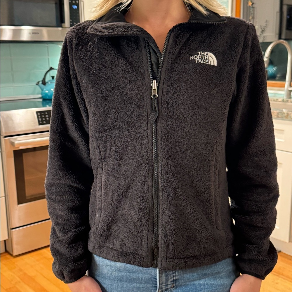 Northface women’s black fuzzy zip up jacket xs
